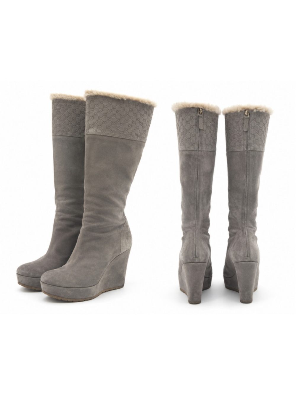 Gucci Courtney Microguccissima Taupe Suede Wedge Knee High Boots 36.5